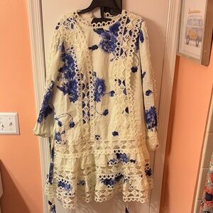 NWT Floral Lace Trim Dress in Blue and Cream